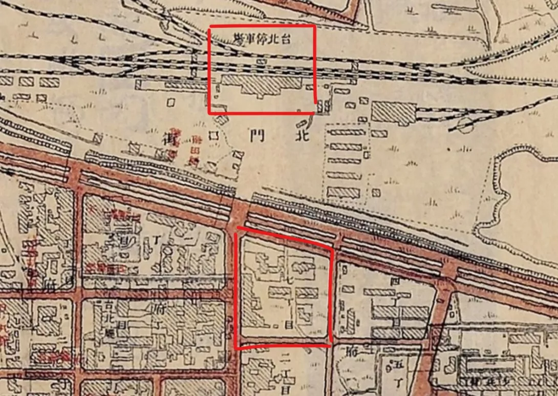 台灣鐵道飯店 位置 - 臺北市區改正全圖 1907