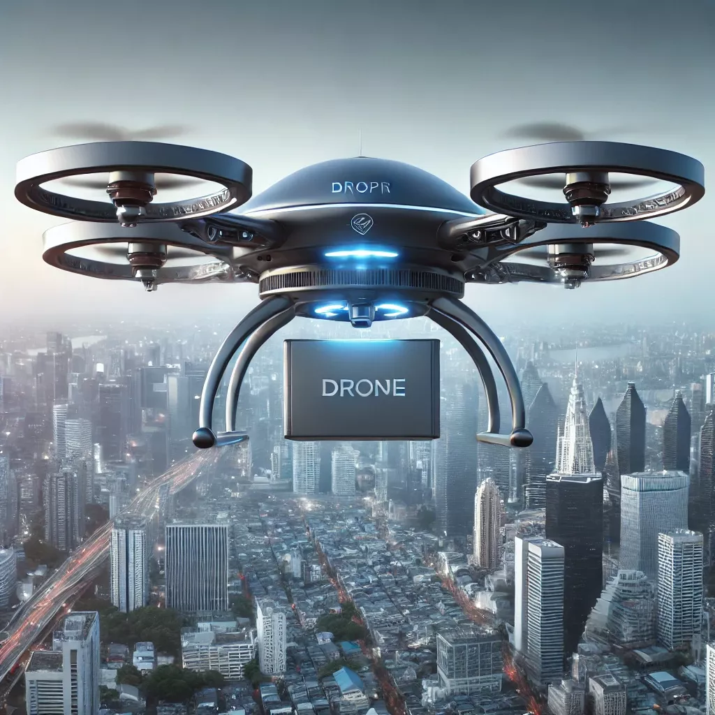 DALL·E 2025-03-15 13.58.08 - A futuristic drone flying over a city skyline, showcasing its commercial applications like delivery and surveillance. The drone has a sleek, modern de