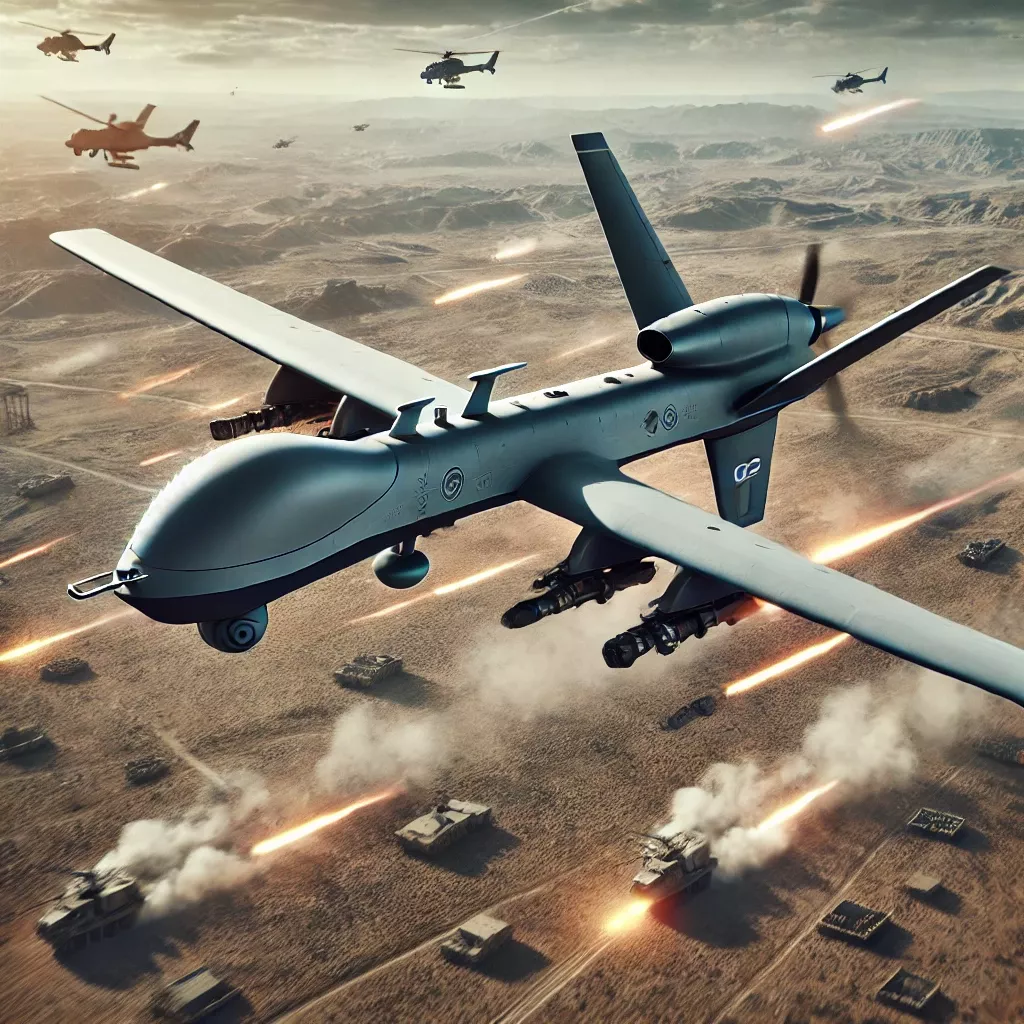 DALL·E 2025-03-15 13.58.15 - A military-grade drone flying over a battlefield, demonstrating its strategic role in modern warfare. The drone is equipped with high-tech surveillanc