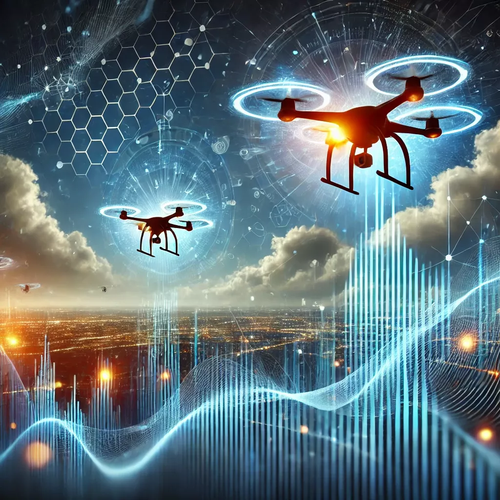 DALL·E 2025-03-16 12.25.00 - A dynamic illustration of the rise of drones, symbolizing technological advancement. Drones are soaring through the sky with digital data streams, rep