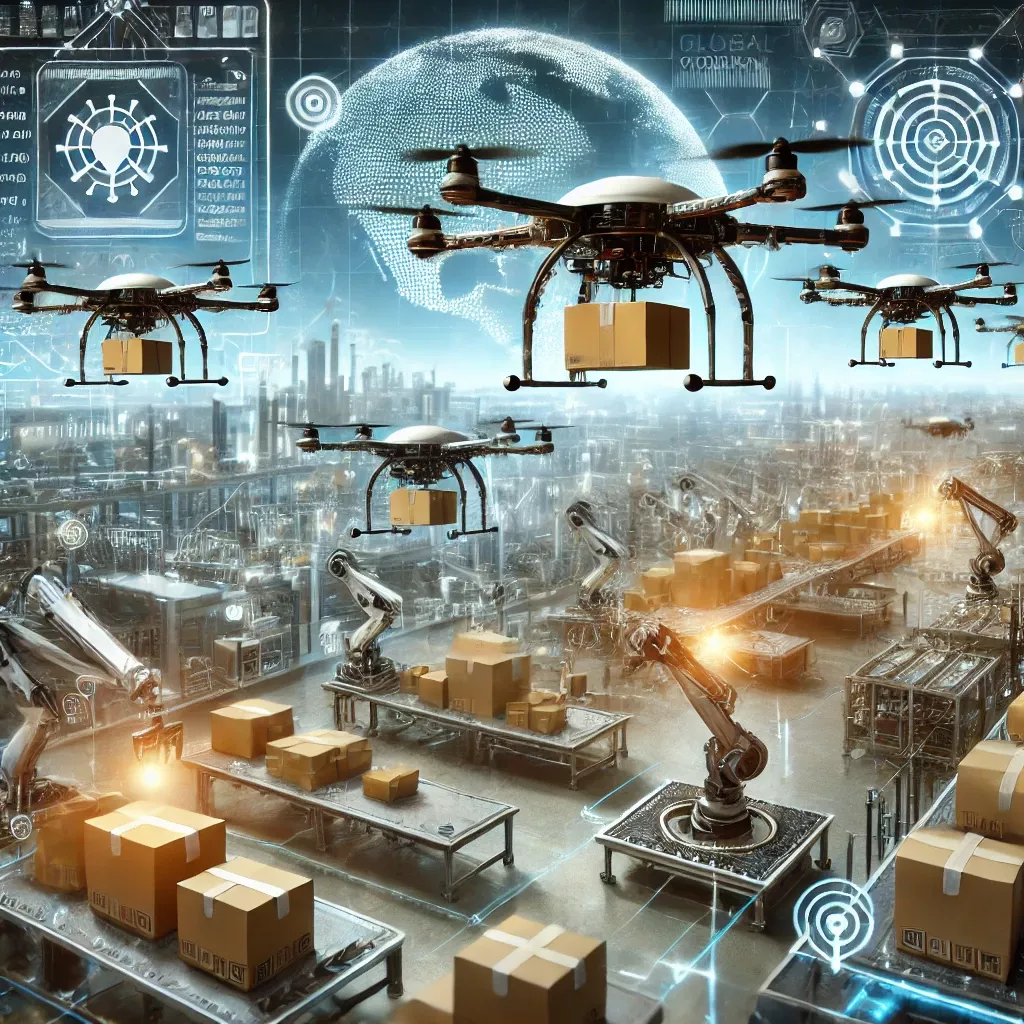 DALL·E 2025-03-16 12.25.07 - A futuristic drone supply chain concept. Drones are assembling and transporting packages in a high-tech facility, with robotic arms and automated syst