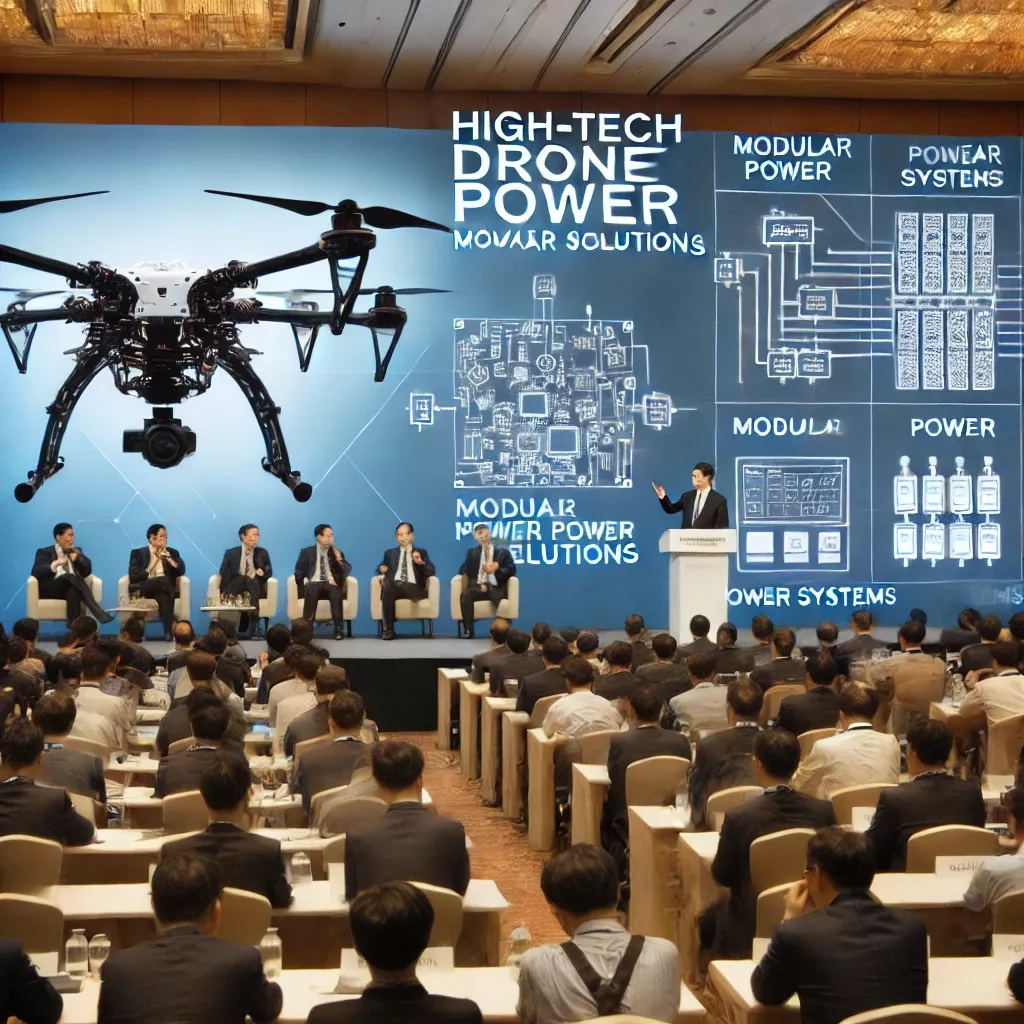 DALL·E 2025-03-18 09.54.58 - A high-tech drone power seminar in Taipei, with industry experts discussing modular power solutions. The conference hall features a stage with a large