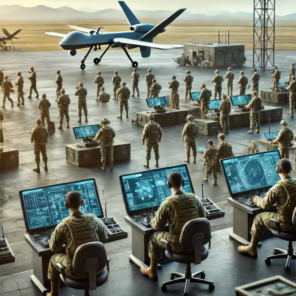 DALL·E 2025-03-18 20.49.55 - A military training center where soldiers are learning to operate drones. The scene shows a group of military personnel in uniform gathered around dro