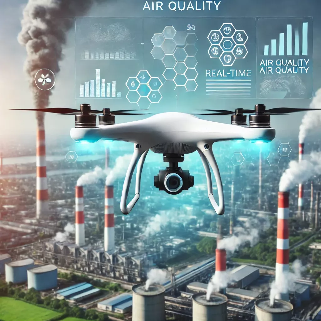 DALL·E 2025-03-20 23.06.29 - A drone equipped with environmental sensors flying over an industrial area, detecting air pollution. The background features factory chimneys emitting