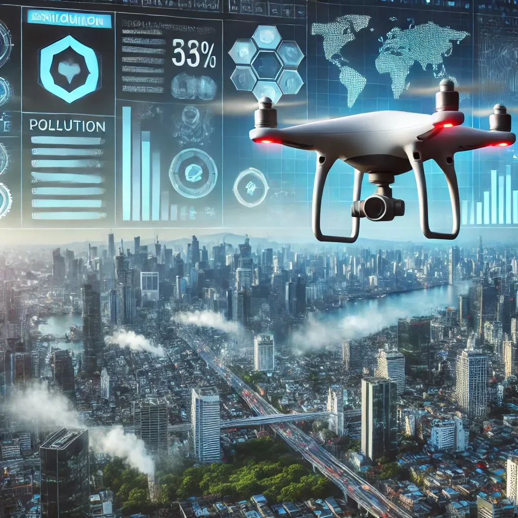 DALL·E 2025-03-20 23.06.32 - A high-tech drone monitoring a city skyline, analyzing environmental data. The drone is hovering over urban buildings, with a digital overlay showing