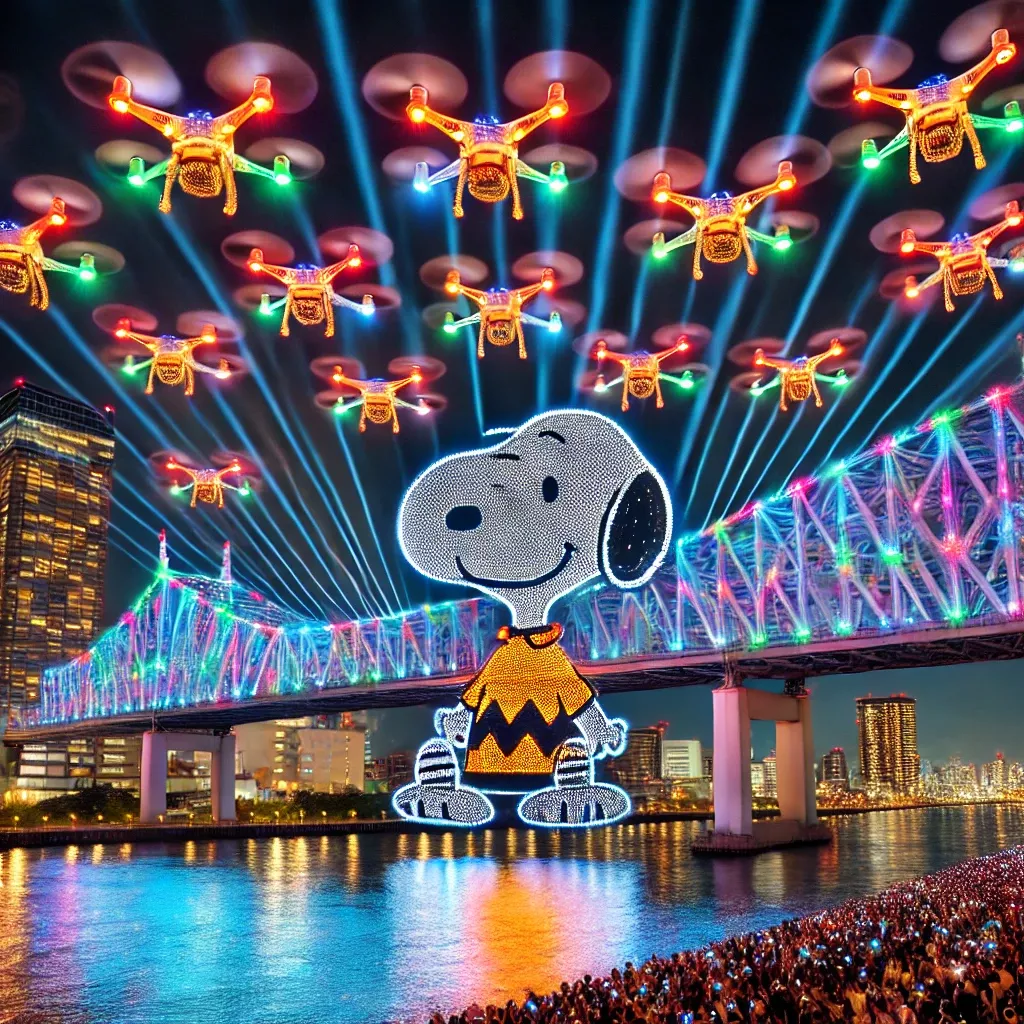 DALL·E 2025-03-21 19.36.16 - A dazzling drone light show over Osaka's Tenmabashi Bridge at night. Hundreds of illuminated drones form Snoopy and Charlie Brown in the sky, celebrat