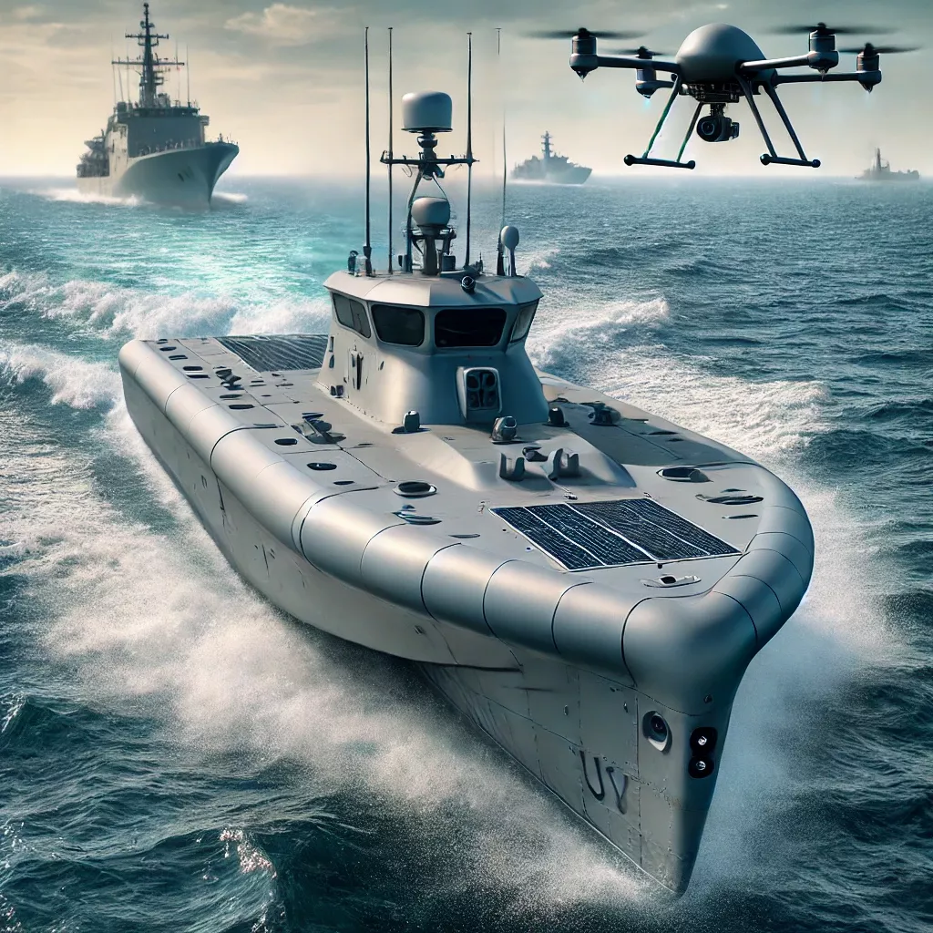 DALL·E 2025-03-23 09.31.28 - A high-tech unmanned surface vessel (USV) equipped with sensors and explosives, conducting a military test in open waters. The vessel is sleek, painte