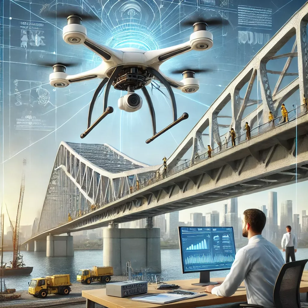 DALL·E 2025-03-23 09.38.07 - A high-tech drone equipped with AI performing a bridge inspection. The drone hovers near the bridge structure, scanning for structural integrity while