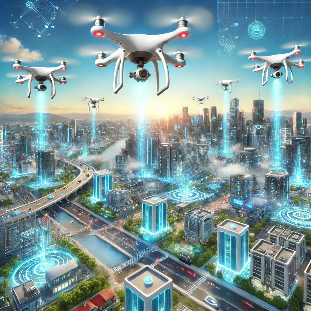 DALL·E 2025-03-25 15.49.18 - A futuristic smart city skyline with multiple drones flying in the sky at different altitudes. The drones are equipped with advanced sensors, cameras,