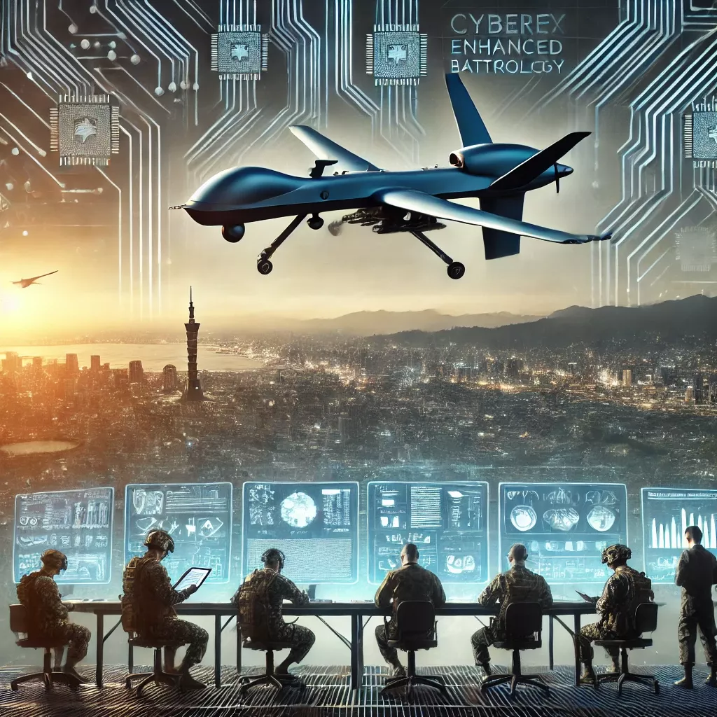 DALL·E 2025-03-25 16.04.40 - A futuristic battlefield with high-tech drones flying over a city skyline, symbolizing modern warfare. The drones are sleek, advanced, and equipped wi