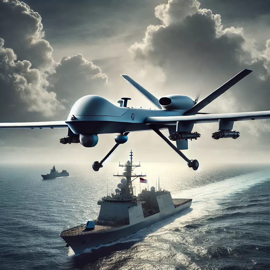 DALL·E 2025-03-27 22.53.48 - A military drone flying over the ocean with a cloudy sky in the background. The drone has a sleek, futuristic design and appears to be conducting surv