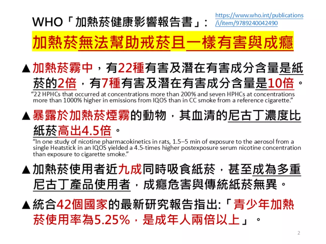 WHO 加熱菸無法幫助戒菸且一樣有害與成癮