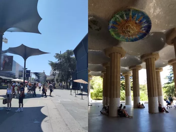 夏日 38 度高溫下的西班牙,巴賽隆納足球隊博物館提供水霧以利民眾降溫(左);高第設計奎爾公園的參觀民眾則聚集在陰涼處。攝/趙家緯